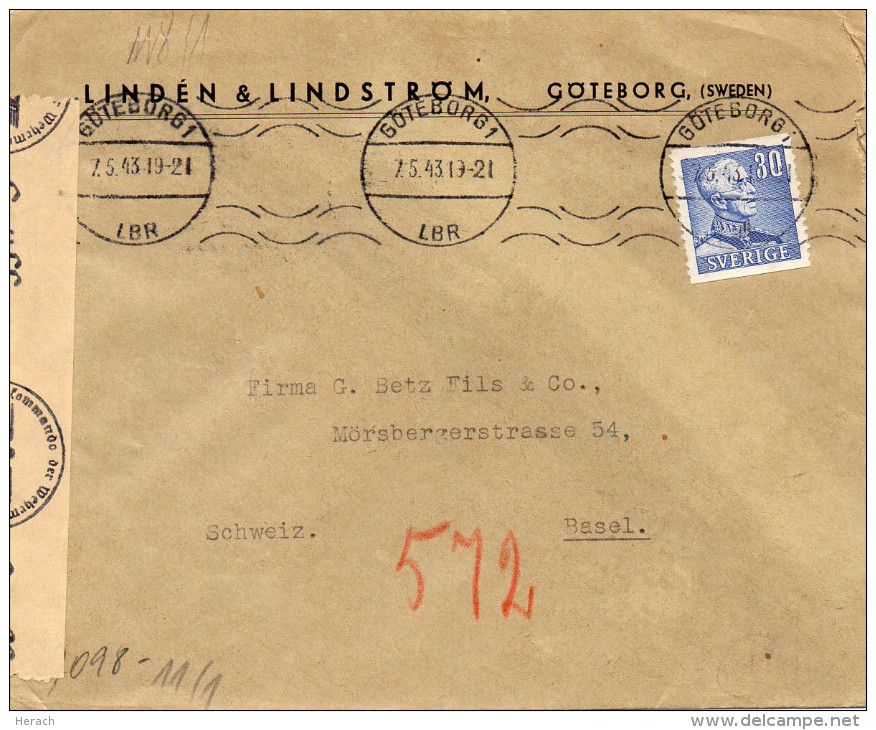 SUEDE LETTRE CENSUREE POUR LA SUISSE 1943 - 1930- ... Rouleaux II