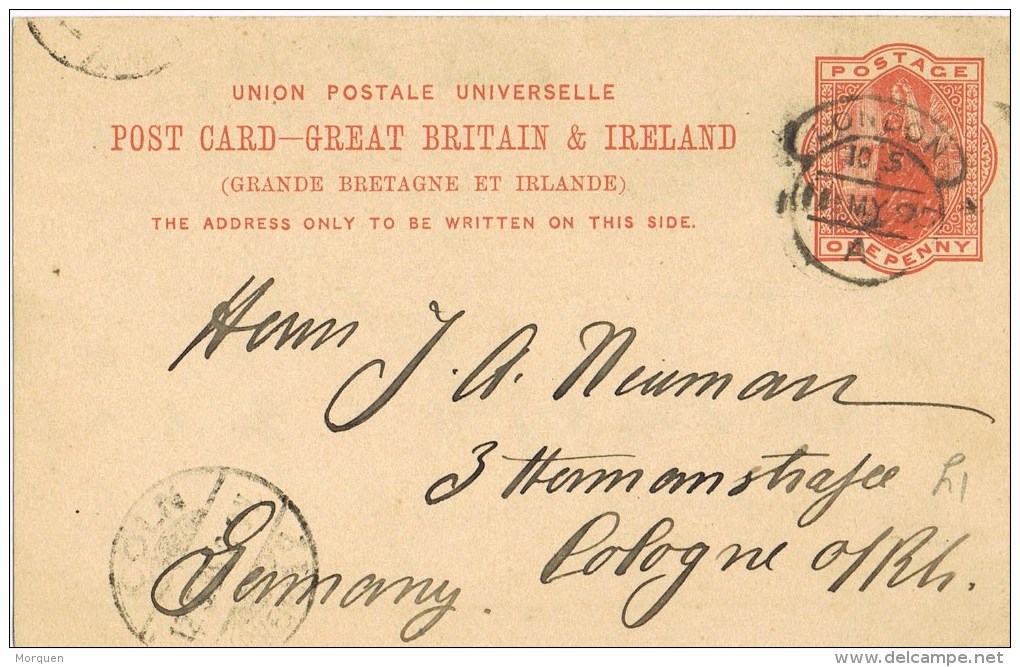 8181. Entero Postal LONDON 1895 (Gran Bretaña) A Cologne (Alemania) - Covers & Documents