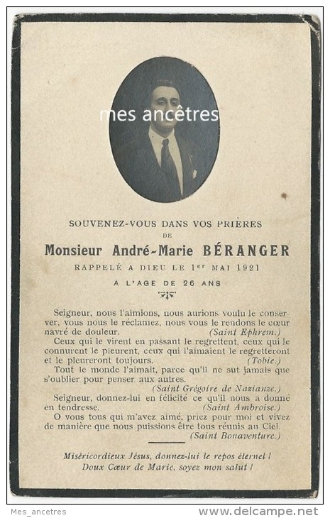 En 1921-photo De André-Marie Béranger-Image Faire-part De Décès- - Todesanzeige