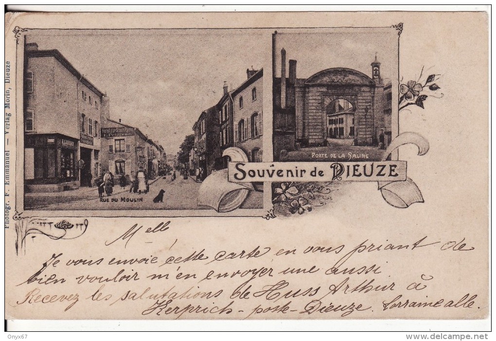 DIEUZE-DUSS (Moselle) Souvenir-Gruss Aus De Dieuze-Porte Saline-Rue Du Moulin-Hôtel Ville Paris E.Petitjean-2 SCANS - - Dieuze