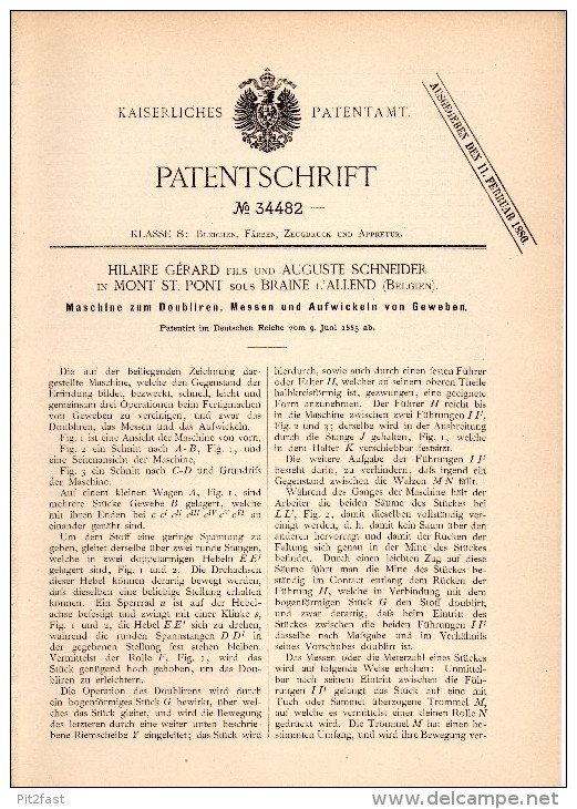 Original Patentschrift - H. Gérard Und A. Schneider In Mont St. Pont Sous Braine L’Alleud , 1885 , Maschine Für Gewebe ! - Macchine