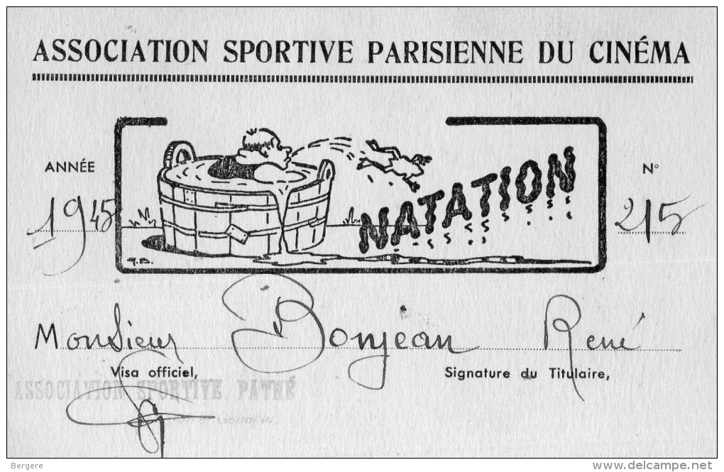 Carte De Natation.  12 X 8 Cms. Association Sportive Parisienne Du Cinéma. 1945 - Natation