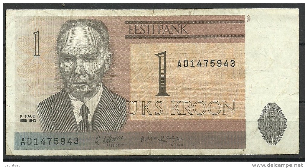 Estland Estonia Estonie 1 Kroon 1992 Kristjan Raud Banknote Bank Note - Estonia