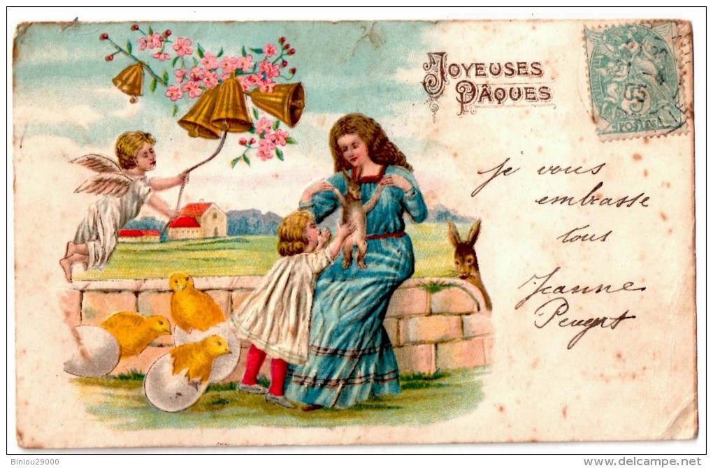 CPA Fantaisie Joyeuses Pâques, Ange, Cloche, Poussins, Femme Et Fillette - Pasen