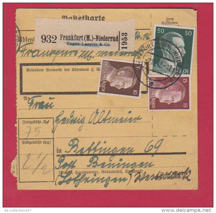 ALLEMAGNE  //  COLIS POSTAL   //  DE FRANKFURT  // POUR  BENING   // 4/12/1942 - Lettres & Documents