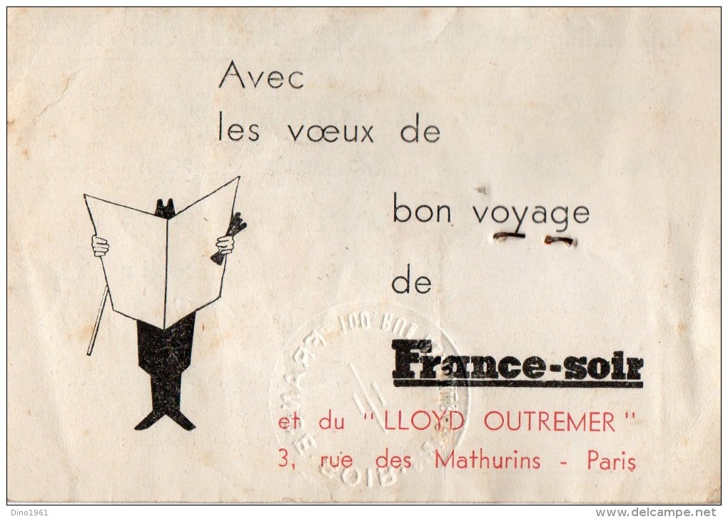 VP1034 - PARIS - Marine -  Carte De Passager - Croisière France - Soir 18 - 30 Aout 1949 à Bord Du MARE LIGURE - Andere & Zonder Classificatie