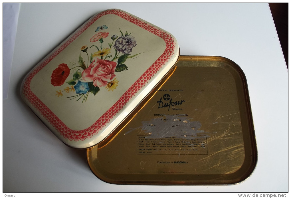 Alt535 Scatola In Latta Per Caramelle, Vintage | Sweets Old Metal Box | Dufour Genova, Confezione Sassonia - Scatole