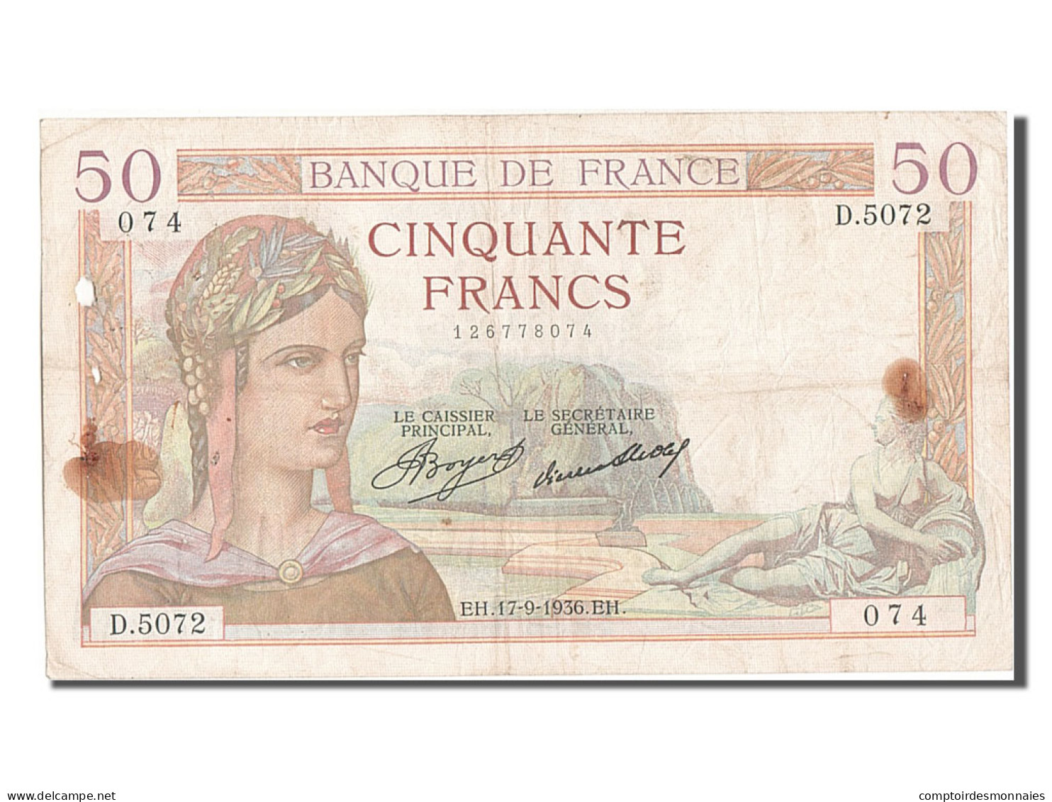 Billet, France, 50 Francs, 50 F 1934-1940 ''Cérès'', 1936, 1936-09-17, TB - 50 F 1934-1940 ''Cérès''