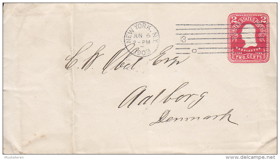 United States Postal Stationery Ganzsache Entier 2 C Washington NEW YORK 1903 To AALBORG Denmark (2 Scans) - 1901-20