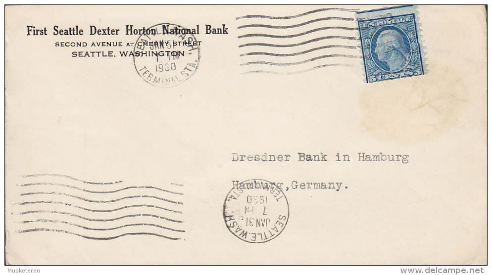 United States FIRST SEATTLE DEXTER HORTON NATIONAL BANK, Terminal Station 1930 Cover Washington 2-sided Perf. ERROR - Varietà, Errori & Curiosità