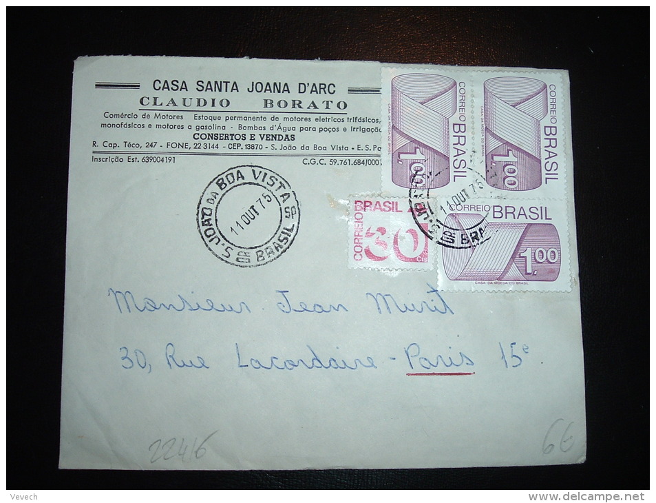 LETTRE POUR FRANCE TP 1,00 X3 +30 C OBL. 11 OUT 75 S. JOAO DA BOA VISTA + CLAUDIO BORATO + JOANA D'ARC - Lettres & Documents