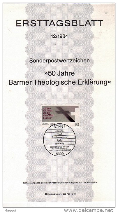 ALLEMAGNE  Carte  Notice 1er Jour  1984  Theologie  De Barmer - Theologen