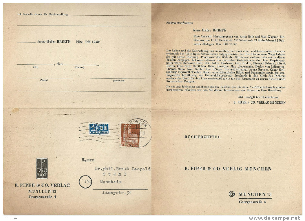 Drucksache  "Piper Verlag, München" - Mannheim             1948 - Other & Unclassified