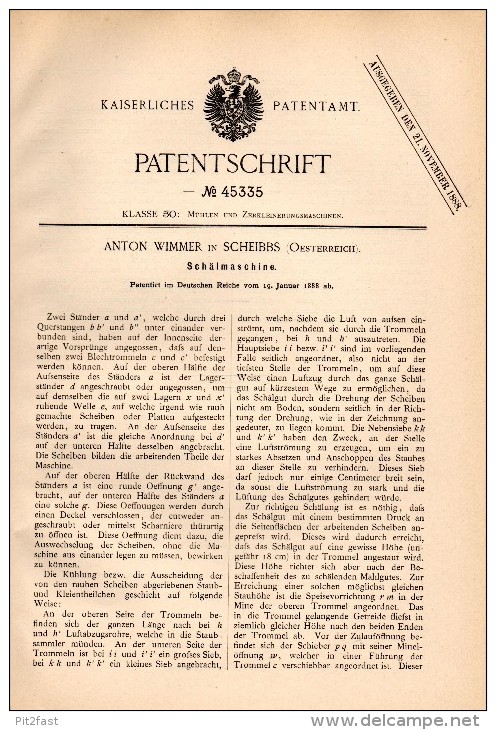 Original Patentschrift - Anton Wimmer In Scheibbs , 1888 , Schälmaschine , Mühle !!! - Machines