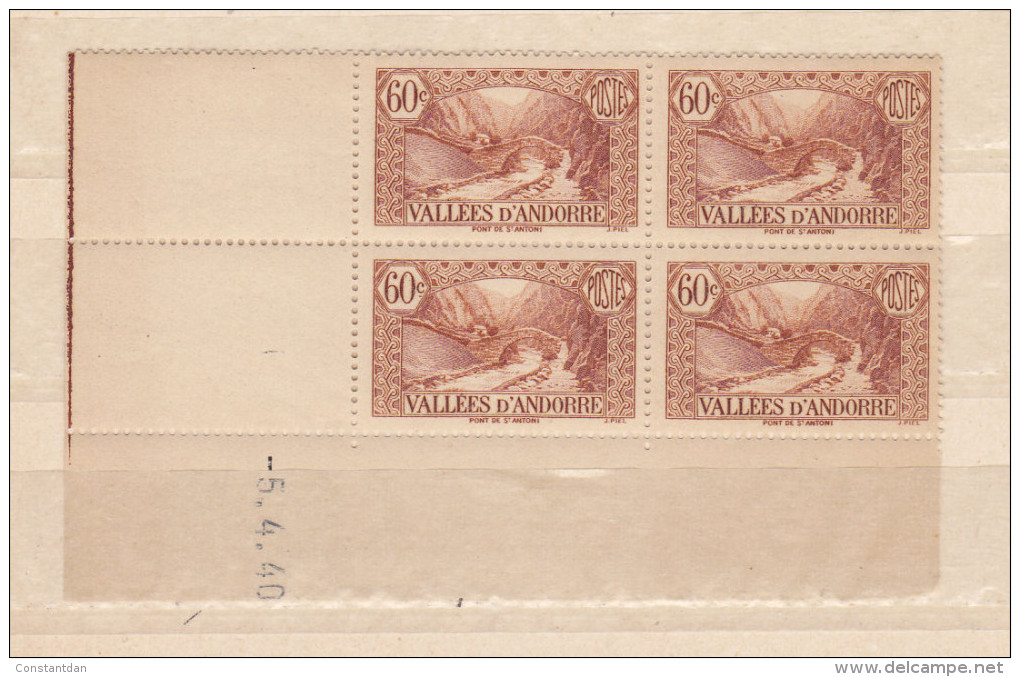 ANDORRE N° 67 60C BISTRE BRUN PONT DE ST ANTOINE COIN DATE DU 5.4.1940 NEUF SANS CHARNIERE - Ungebraucht