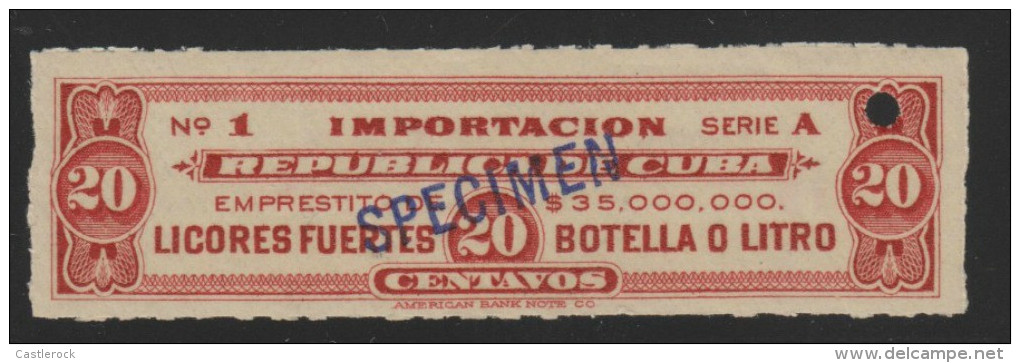 O) CARIBE, SPECIMEN, PROOF, REVENUE, EMPRESTITO, IMPORTACION LICORES FUERTES-IMPORT HIGH SPIRITS, RED-20 CENTAVOS, - Imperforates, Proofs & Errors