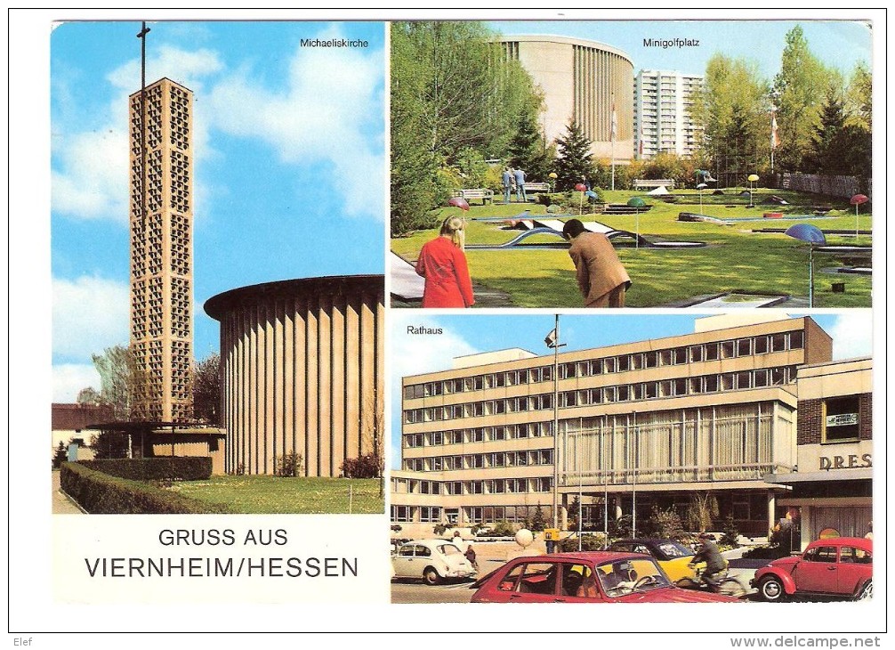 Gruss Aus VIERNHEIM, Hessen, Deutschland: Mini Golf Platz, Rathaus, Michaeliskirche ; AUTO Käffer ,1972, TB - Viernheim