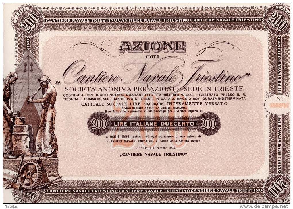 AZIONE DEL CANTIERE NAVALE TRIESTINO -LIRE 200--TRIESTE 112-1923 - Navigation