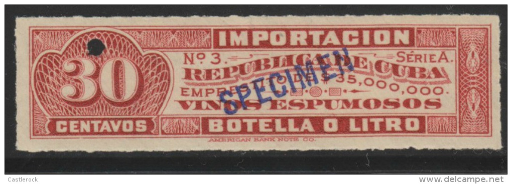 O) CARIBE, SPECIMEN, PROOF-REVENUE, EMPRESTITO, IMPORTACION VINOS ESPUMOSOS-IMPORT SPARKLING WINES, 30 CENTAVOS, AM - Imperforates, Proofs & Errors