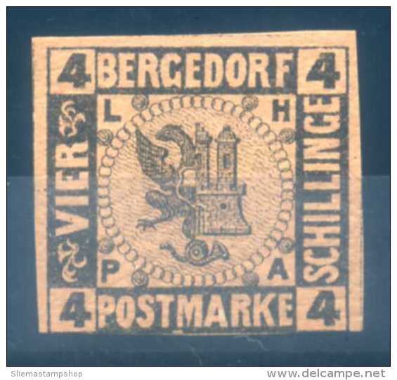 BERGEDORF - 1861, 4S BLACK ON BROWN - Bergedorf