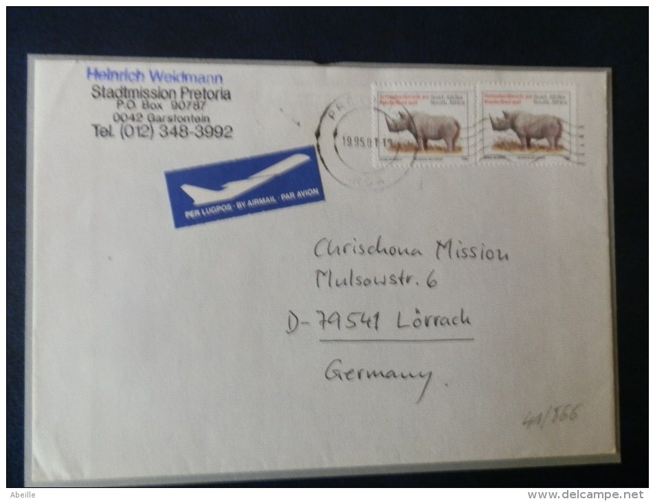 41/866  LETTRE   AFRIQUE DU SUD - Rhinoceros