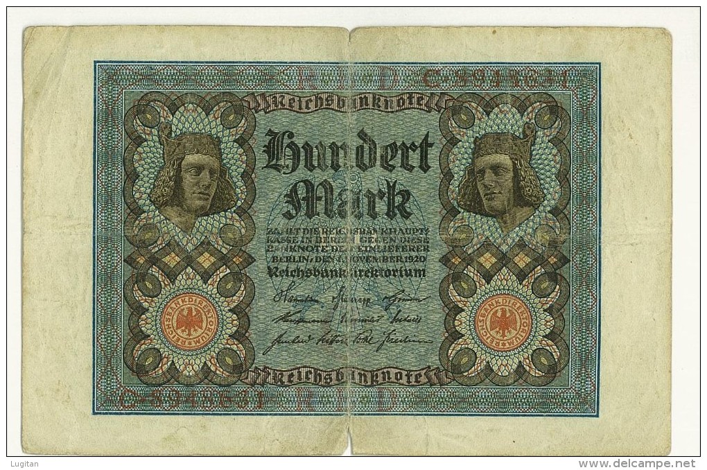 CARTAMONETA - PAPER MONEY - GERMANIA - 100 MARCHI HUNDERT MARK 1920 - QUALITY BB - NON STIRATA - PIEGHE EVIDENTI - 100 Mark