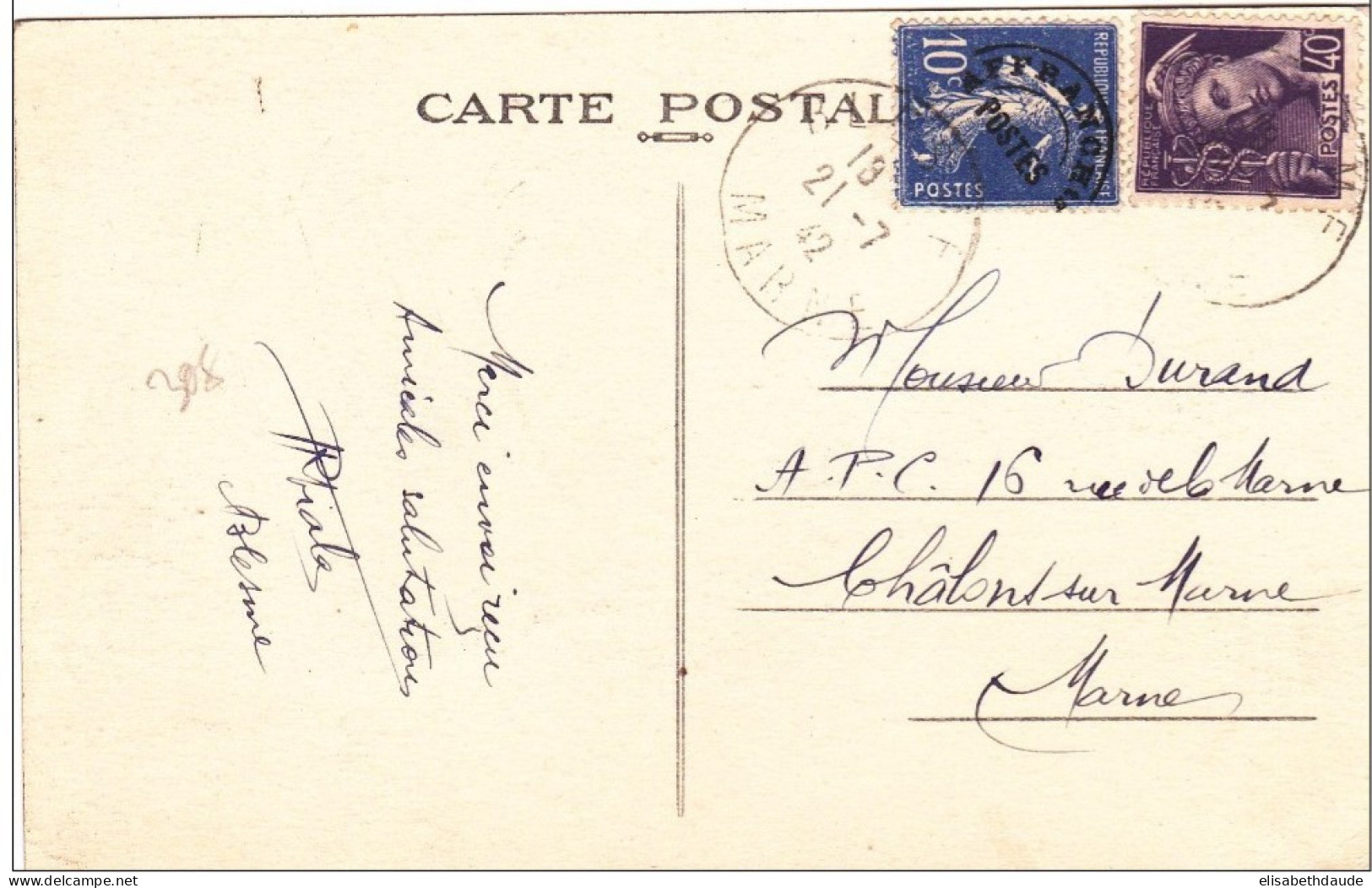 1942 - CURIEUSE COMBINAISON MERCURE + SEMEUSE PREOBLITERE Sur CARTE POSTALE De BLESME (MARNE) Pour CHALONS - Storia Postale