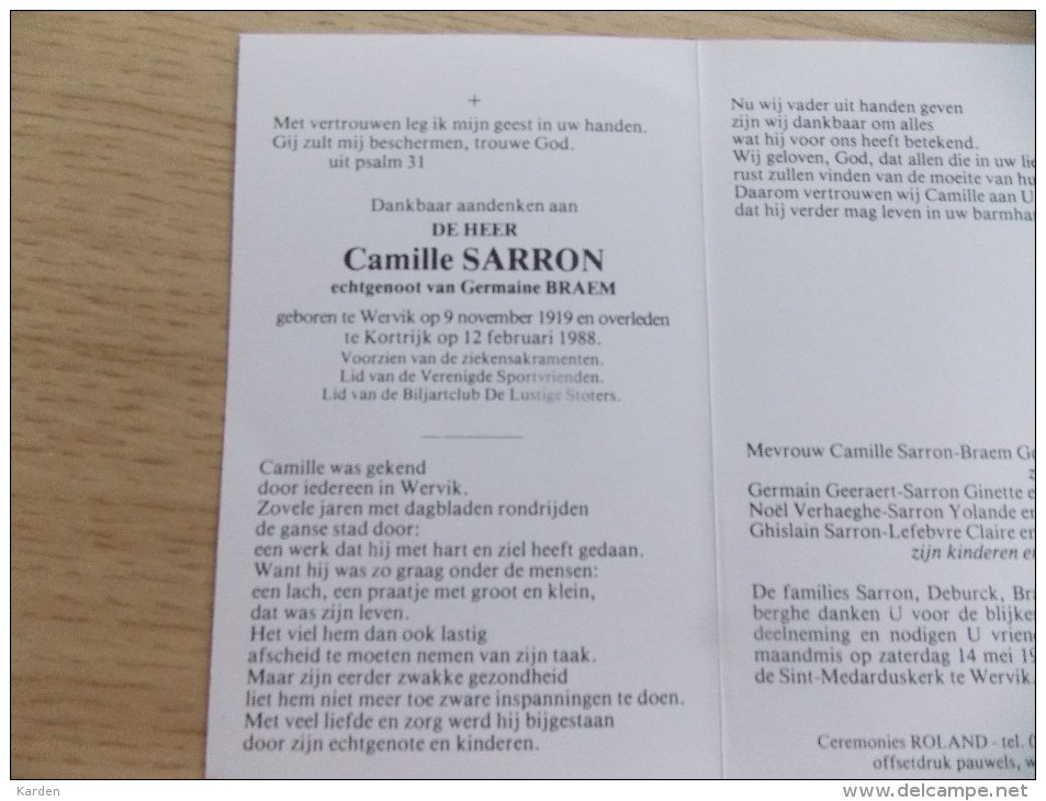 Doodsprentje Camille Sarron Werfik 9/11/1919 Kortrijk 12/2/1988 ( Germaine Braem ) - Religione & Esoterismo