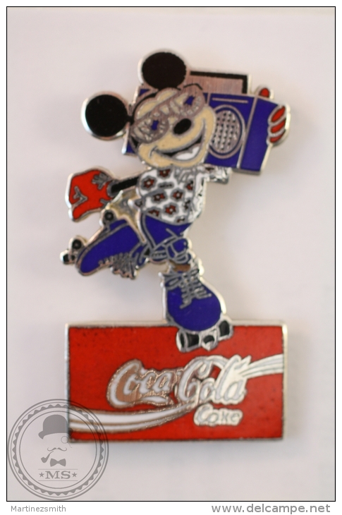 Rare Walt Disney Mickey Mouse Roller Skating & Music Player/ Blue & Red Colour - Coca Cola Pin Badge - #PLS - Disney