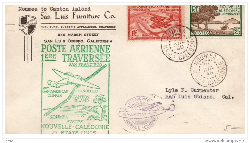 LETTRE 1940 NOUVELLE CALEDONIE, PREMIERE TRAVERSEE SAN FRANSISCO, NOUMEA-CANTON ISLAND /2106 - Oblitérés