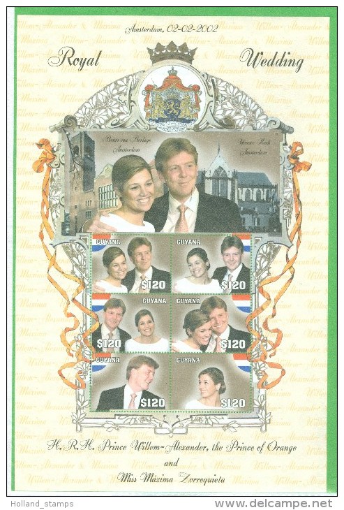 WILLEM-ALEXANDER & MAXIMA HUWELIJK 02-02-2002. SPECIALE UITGIFTE BLOK UIT GUYANA IN MINT $ 720.00 - Koniklijke Families