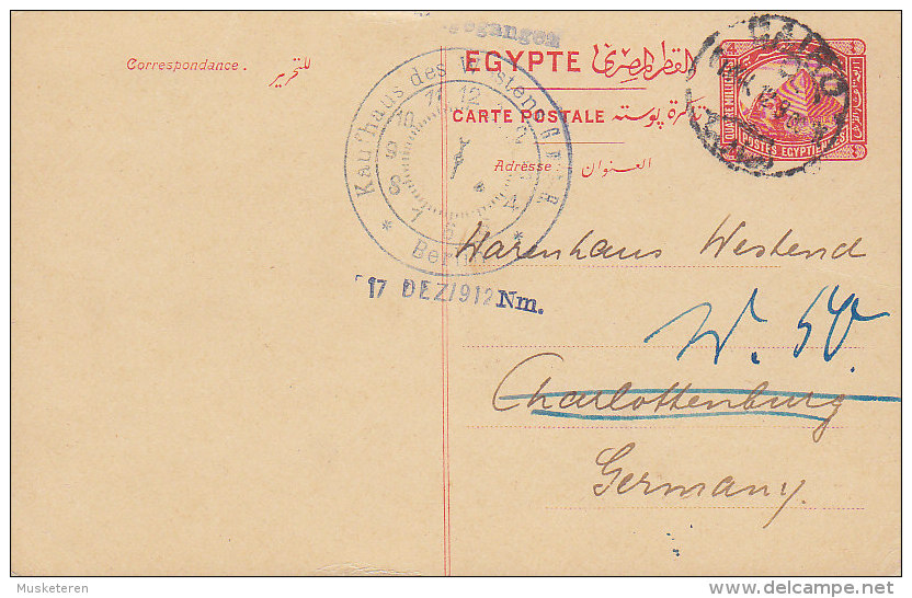 Egypt Egypte Postal Stationery Ganzsache Entier 4 M Spinx & Pyramid CAIRO 1912 To CHARLOTTENBURG Germany (2 Scans) - 1866-1914 Khedivate Of Egypt