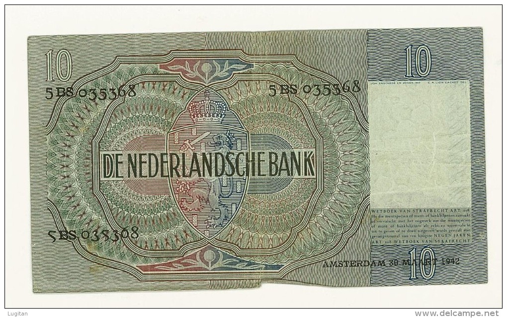 OLANDA - 10 GULDEN ANNO 1942 - BANK NOTE - QUALITY BB - 10 Florín Holandés (gulden)