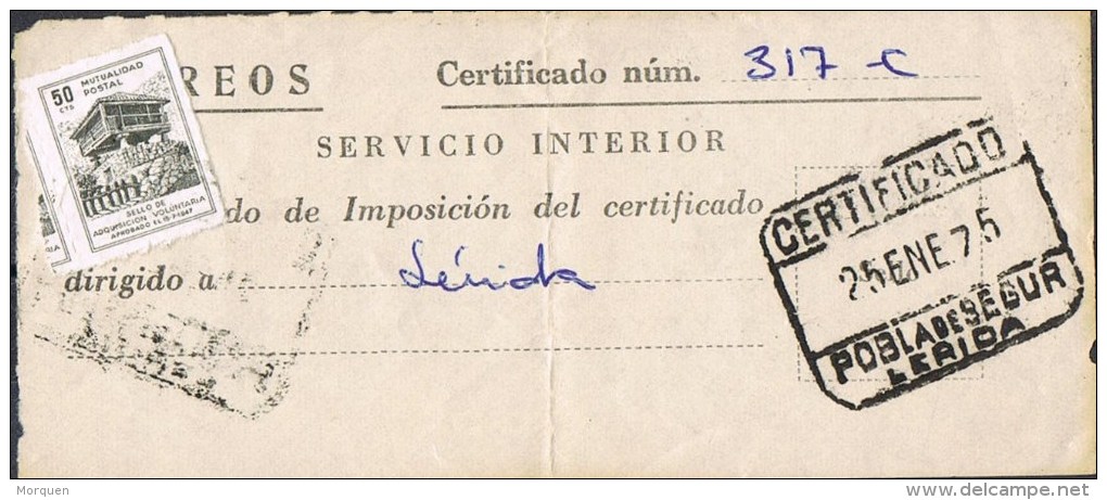 Fragmento Resguardo Certificado POBLA De SEGUR (Lerida) 1975. Mutualidad Postal - Beneficiencia (Sellos De)