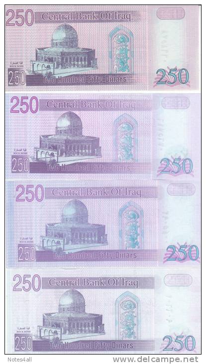 IRAQ 250 DINARS 2001 2002 P-88 LOT X 4 DIFFERENT COLORS UNC NOTES - Iraq