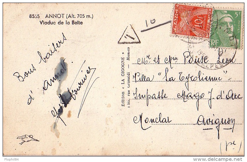 GANDON - 5F VERT SUR CARTE POSTALE DE ANNOT BASSES ALPES POUR AVIGNON AVEC TAXE 10F GERBE. - 1859-1959 Covers & Documents