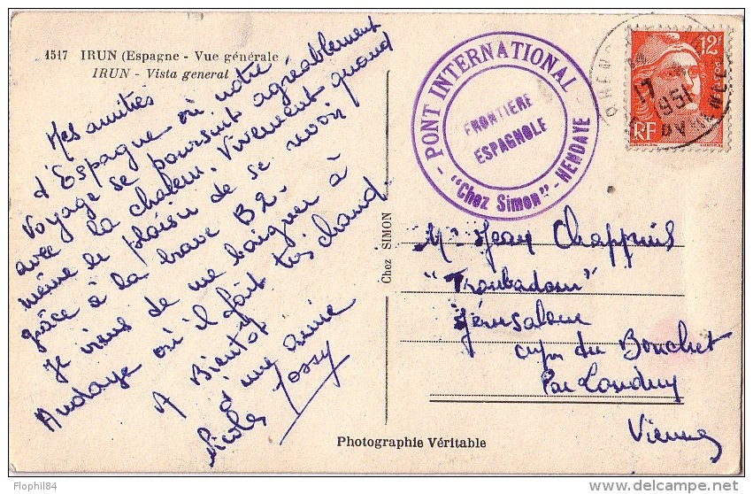 GANDON - 12F DE HANDAYE LE 17-6-1951 - GRAND CACHET VIOLET PONT INTERNATIONAL FRONTIERE ESPAGNOLE - CHEZ SIMON - HENDAYE - Cachets Manuels