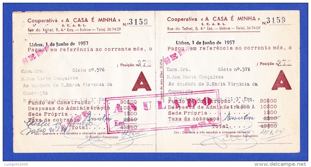 COOPERATIVA "A CASA É MINHA" - RUA DO TELHAL, 8-4º ESQº, LISBOA -- 1 DE JUNHO DE 1957 - Portugal