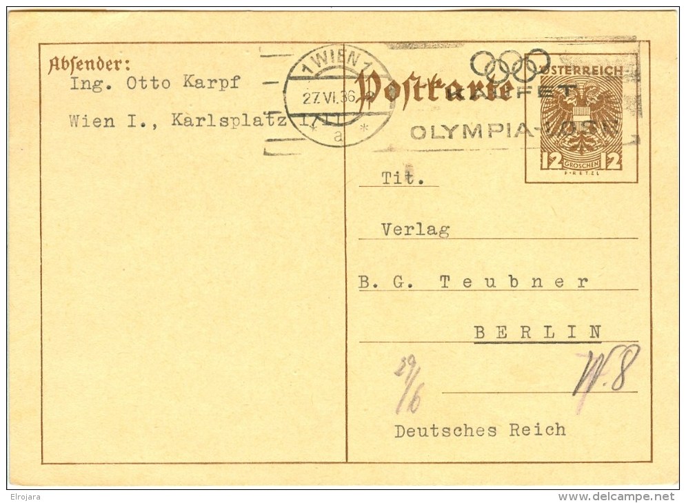 AUSTRIA Stationery With Cancel WIEN KAUFET OLYMPIA-LOSE - Sommer 1936: Berlin