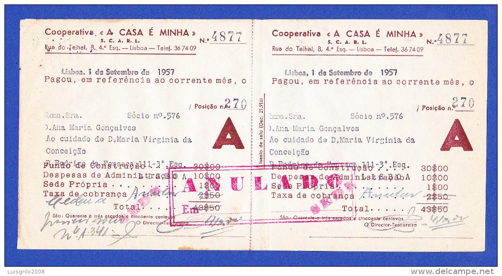 COOPERATIVA "A CASA É MINHA" - RUA DO TELHAL, 8-4º ESQº, LISBOA -- 1 DE SETEMBRO DE 1957 - Portogallo