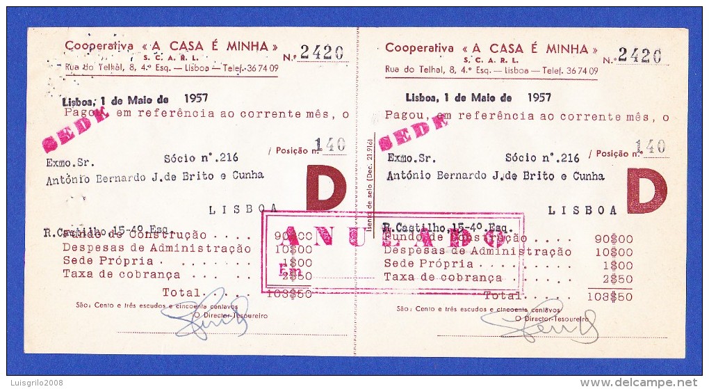 COOPERATIVA "A CASA É MINHA" - RUA DO TELHAL, 8 - 4º  ESQº,  LISBOA -- 1 DE MAIO DE 1957 - Portugal