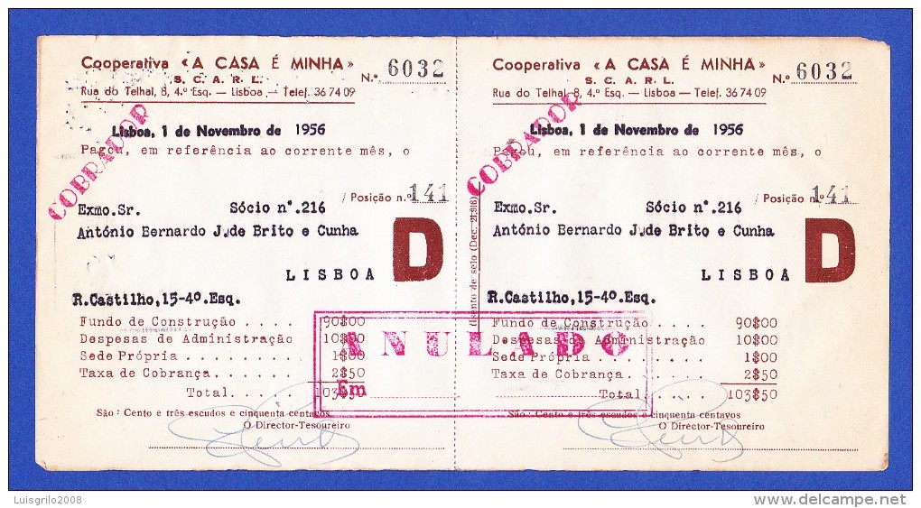 COOPERATIVA "A CASA É MINHA" - RUA DO TELHAL, 8 - 4º  ESQº,  LISBOA -- 1 DE NOVEMBRO DE 1956 - Portogallo