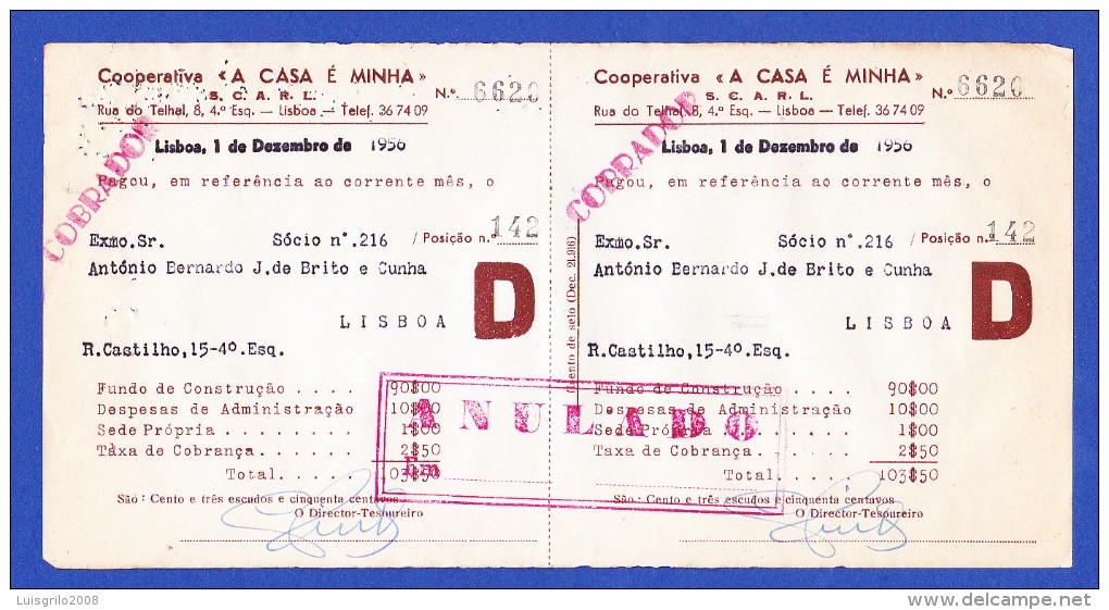 COOPERATIVA "A CASA É MINHA" - RUA DO TELHAL, 8 - 4º  ESQº,  LISBOA -- 1 DE DEZEMBRO DE 1956 - Portogallo
