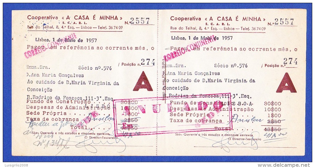 COOPERATIVA "A CASA É MINHA" - RUA DO TELHAL, 8 - 4º  ESQº,  LISBOA -- 1 DE MAIO DE 1957 - Portugal