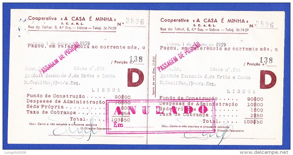 COOPERATIVA "A CASA É MINHA" - RUA DO TELHAL, 8 - 4º  ESQº,  LISBOA -- 1 DE AGOSTO DE 1959 - Portogallo