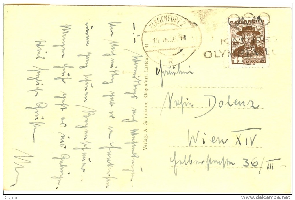 AUSTRIA Postcard With Cancel KLAGENFURT 2 KAUFET OLYMPIA-LOSE - Ete 1936: Berlin