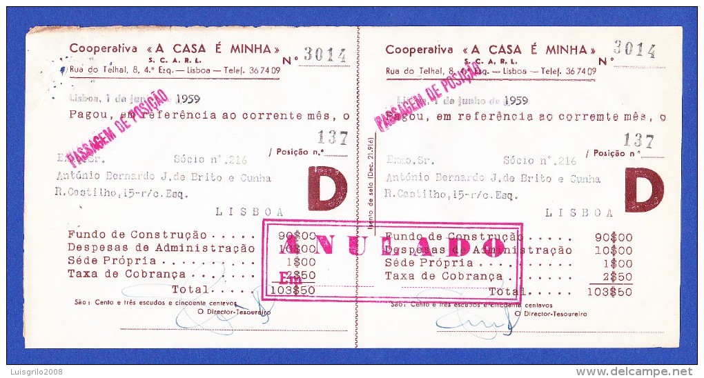 COOPERATIVA "A CASA É MINHA" - RUA DO TELHAL, 8 - 4º  ESQº,  LISBOA -- 1 DE JUNHO DE 1959 - Portugal