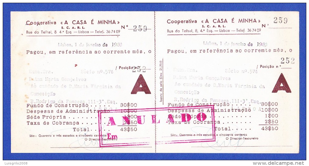 COOPERATIVA "A CASA É MINHA" - RUA DO TELHAL, 8 - 4º  ESQº,  LISBOA -- 1 DE JANEIRO DE 1960 - Portugal