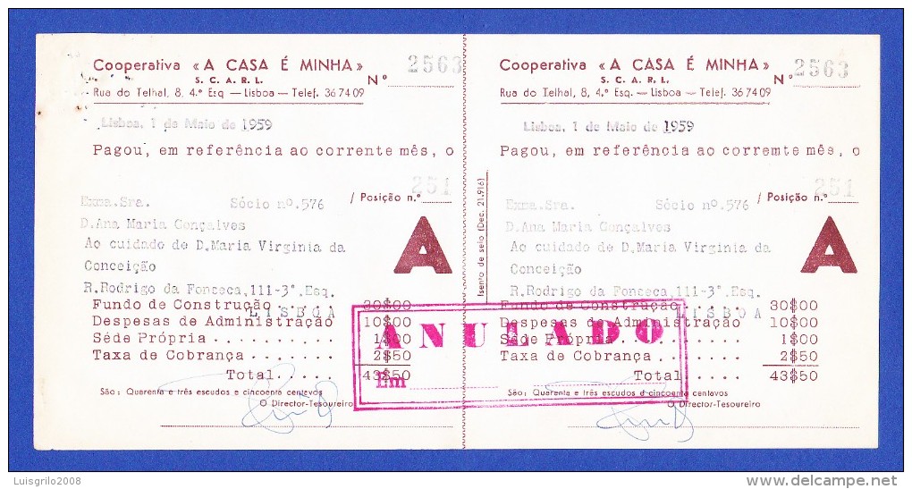 COOPERATIVA " A CASA É MINHA" - RUA DO TELHAL, 8 - 4º ESQº, LISBOA -- 1 DE MAIO DE 1959 - Portogallo