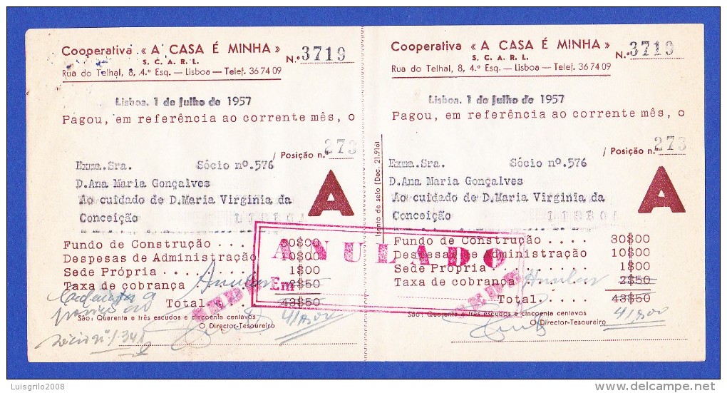 COOPERATIVA " A CASA É MINHA" - RUA DO TELHAL, 8 - 4º ESQº, LISBOA -- 1 DE JULHO DE 1957 - Portogallo